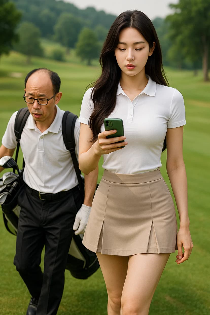 在高尔夫球场上，一个身高180厘米、八头身的韩国K-pop偶像以压倒性的魅力，穿着没有戴帽子的高尔夫服装，漫不经心地看着手机移动。韩国男性球童（160厘米，秃头，身材瘦弱）正艰难地扛着沉重的行李移动。